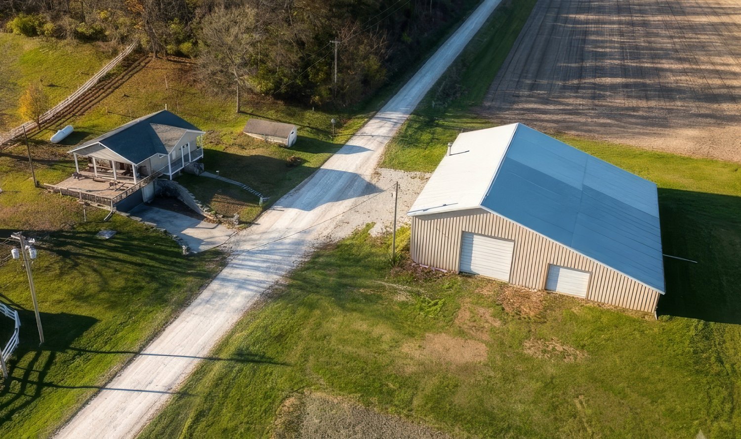 Aerial view of the family shop and surrounding farmland